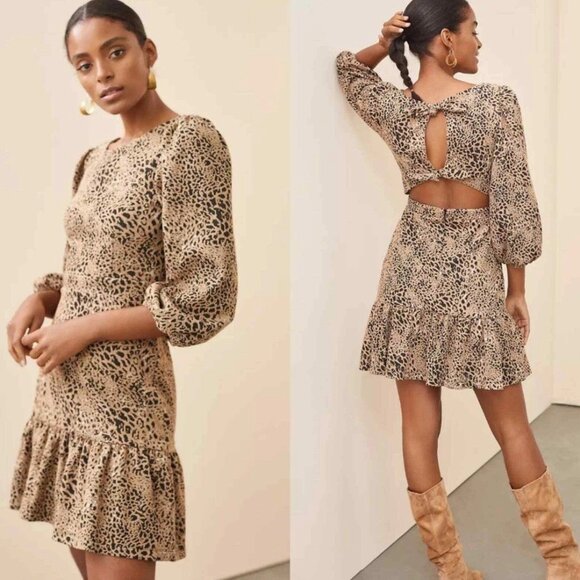 Anthropologie Maeve Leopard Print Cut Out Back Bow Tie Mini Dress Size 4 EUC - Picture 1 of 10